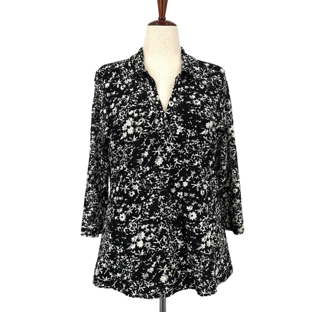 INC Woman Lace Tunic Top Collared V-Neck Black & White Floral Overlay Women's 1X